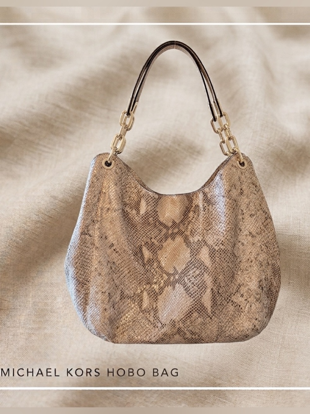 Michael Kors / Fulton Slouchy Leather Python-Print Shoulder Bag in Beige & Taupe